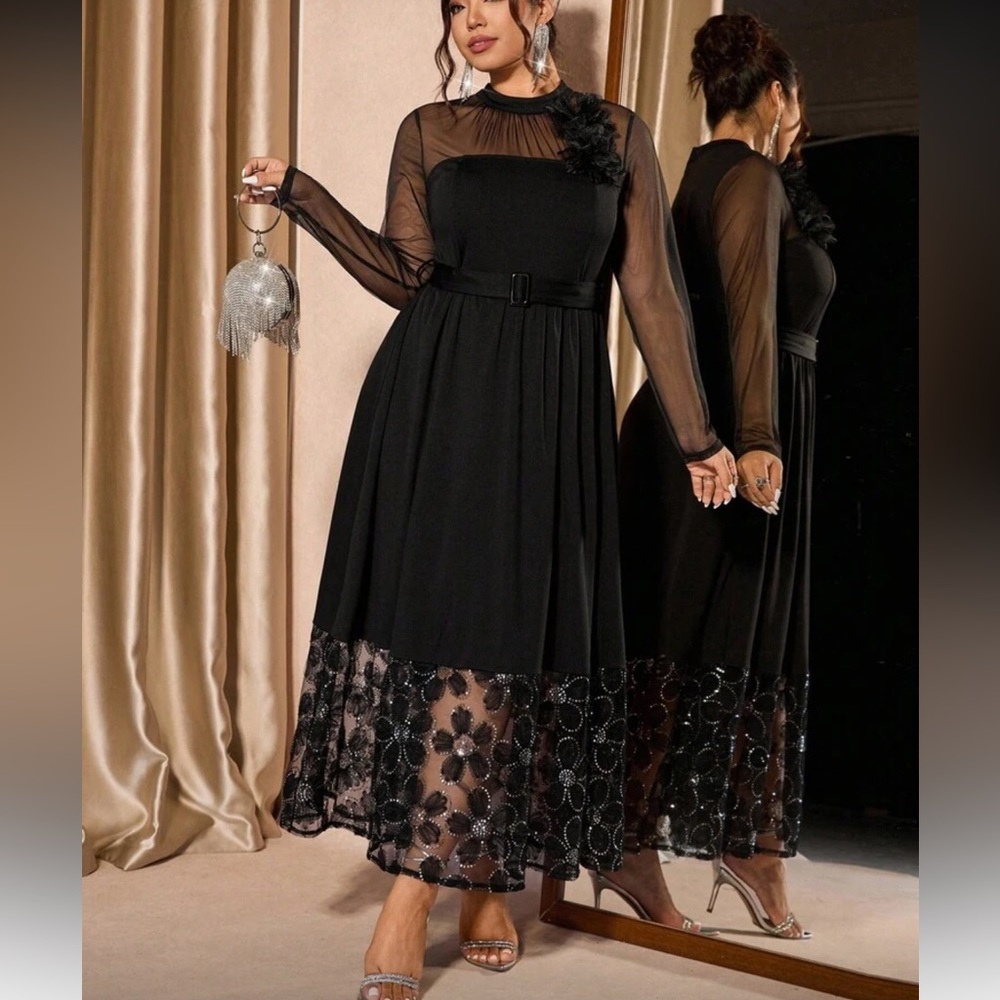 Elegant Black Floral Mesh Dress